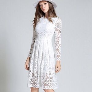 Last 1! Hollow Long Sleeves Knee Length Lace Dress